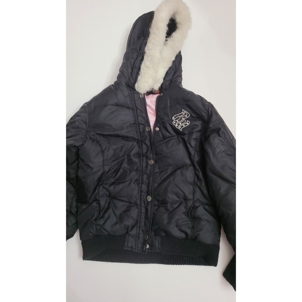 Rocawear 90s Y2K Black Cropped Fur Hood Embroidered Puffer Jacket Size L